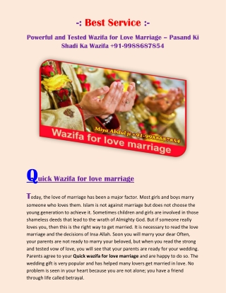 Powerful and Tested Wazifa for Love Marriage – Pasand Ki Shadi Ka Wazifa 91-9988687854