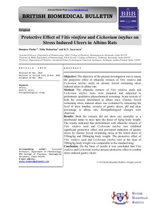 Protective Effect of Vitis vinifera and Cichorium intybus on Stress Induced Ulcers in Albino Rats