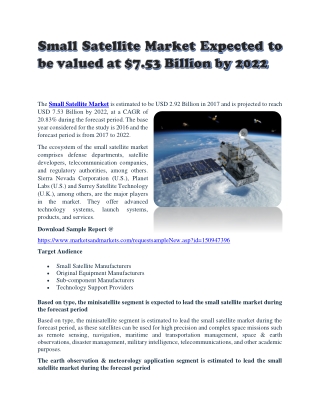 Small Satellite Market Expected to be valued at $7.53 Billion by 2022