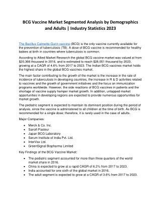 BCG Vaccine Market Poised to Incur Steadfast Growth During Forecast Period 2023