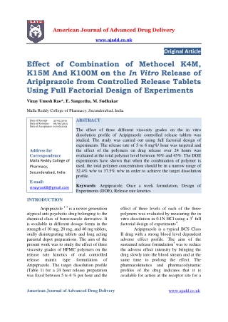 Effect of Combination of Methocel K4M, K15M And K100M on the In Vitro Release of Aripiprazole from Controlled Release Ta