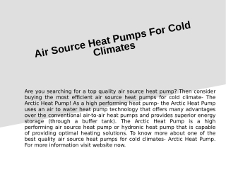 Top Quality and Reliable Air Source Heat Pumps For Cold Climates