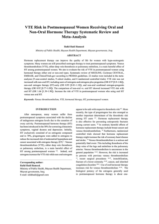 VTE risk in postmenopausal women receiving Oral and non-oral hormone therapy