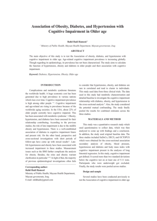 Association of Obesity, Diabetes, and Hypertension with Cognitive Impairment in Older age-