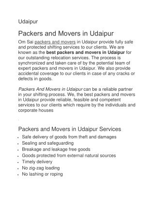 Packers And Movers In Udaipur