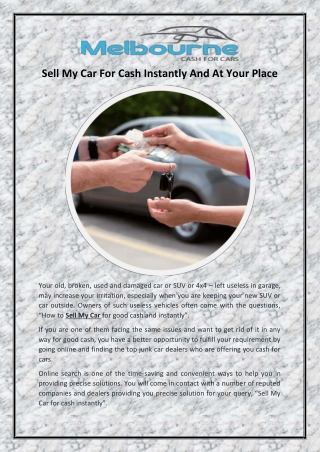 Sell My Car For Cash Instantly And At Your Place