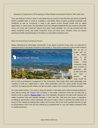 Reasons & Importance Of Investing In Real Estate Investment Fund in Salt Lake City