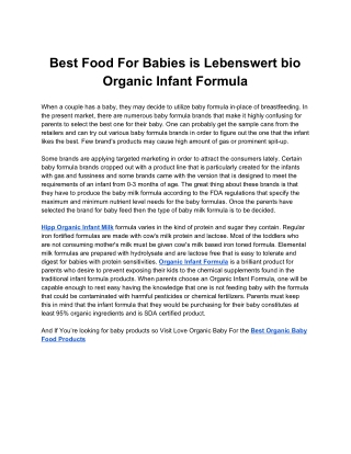 Best Food For Babies is Lebenswert bio Organic Infant Formula