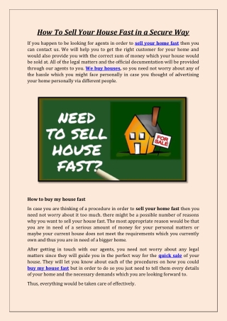 How To Sell Your House Fast in a Secure Way