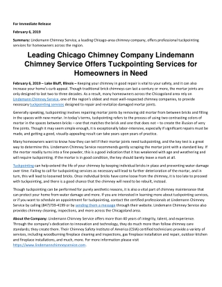 Leading Chicago Chimney Company Lindemann Chimney Service Offers Tuckpointing Services for Homeowners in Need