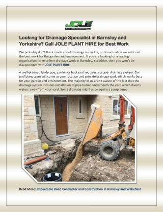 Drainage Specialist in Barnsley and Yorkshire- JOLE PLANT HIRE