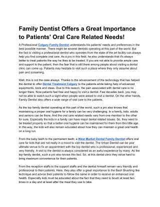 Family Dentist Offers a Great Importance to Patients' Oral Care Related Needs!