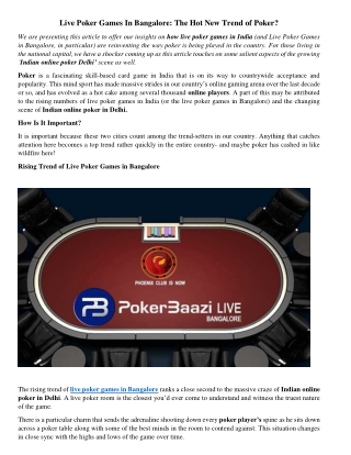 Live Poker Games In Bangalore-The Hot New Trend of Poker