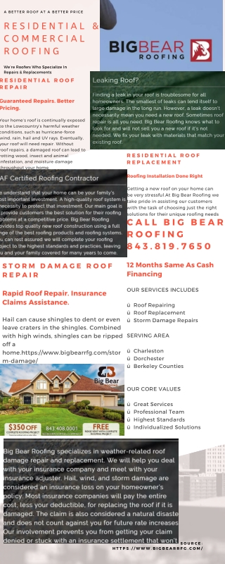 COMMERCIAL ROOFING CONTRACTOR SERVICES IN CHARLESTON SC/CALL 1-843-819-7650
