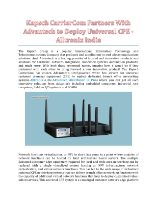 Kapsch CarrierCom Partners With Advantech To Deploy Universal CPE - Alltronix India