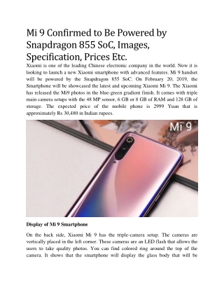 Mi 9 Confirmed to Be Powered by Snapdragon 855 SoC, Images, Specification, Prices Etc.