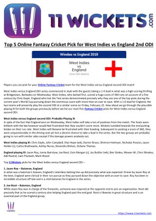 Top 5 Online Fantasy Cricket Pick for West Indies vs England 2nd ODI