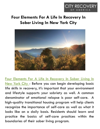 Four Elements For A Life In Recovery In Sober Living In New York City