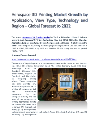 Aerospace 3D Printing Market Growth by Application, View Type, Technology and Region – Global Forecast to 2022