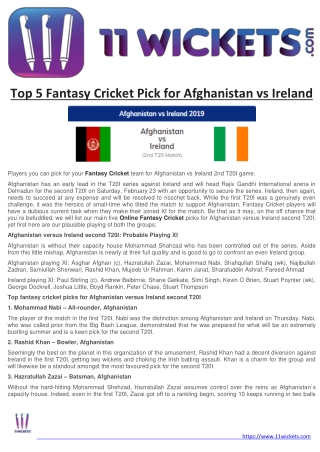 Top 5 Fantasy Cricket Pick for Afghanistan vs Ireland
