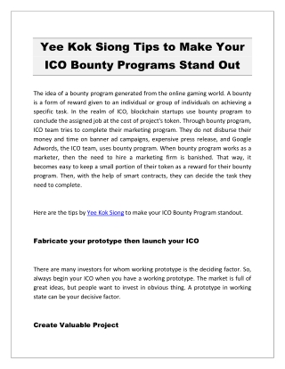 Yee Kok Siong Tips to Make Your ICO Bounty Programs Stand Out