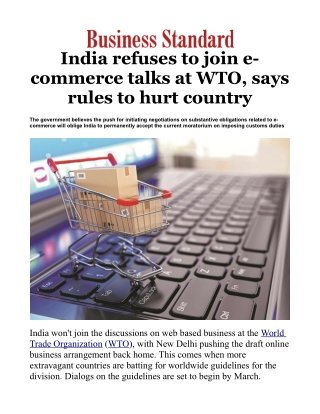 India refuses to join e-commerce talks at WTO, says rules to hurt country
