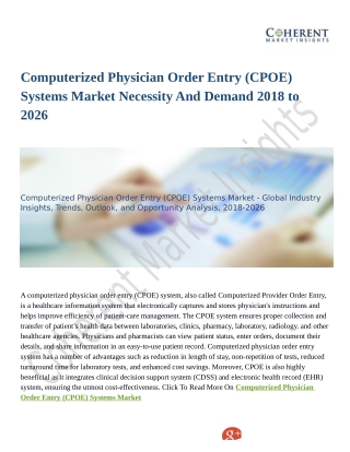 Computerized Physician Order Entry (CPOE) Systems Market: Deep Analysis by Production Overview and Insights 2018-2026