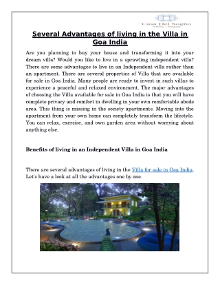 Several Advantages of living in the Villa in Goa India