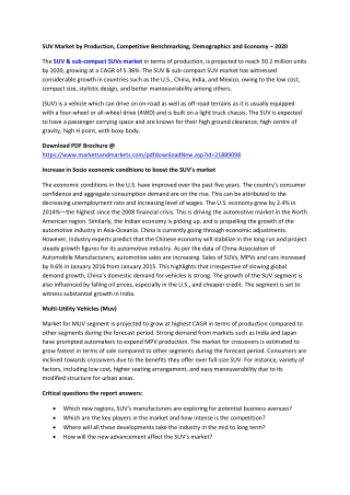 SUV Market by Production, Competitive Benchmarking, Demographics and Economy – 2020