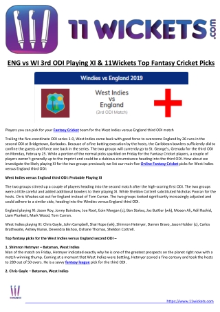ENG vs WI 3rd ODI Playing XI & 11Wickets Top Fantasy Cricket Picks