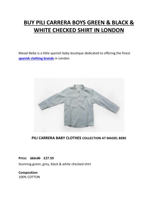 BUY PILI CARRERA BOYS GREEN & BLACK & WHITE CHECKED SHIRT IN LONDON