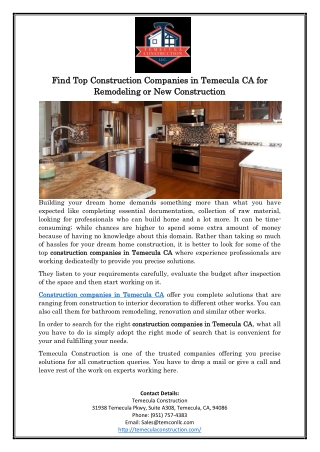 Find Top Construction Companies in Temecula CA for Remodeling or New Construction