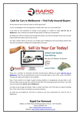 Cash for Cars in Melbourne – Find Fully-Insured Buyers