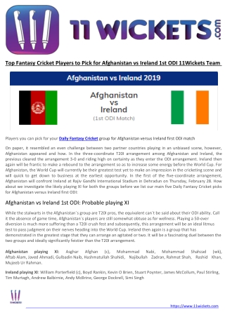 Top Fantasy Cricket Players to Pick for Afghanistan vs Ireland 1st ODI 11Wickets Team
