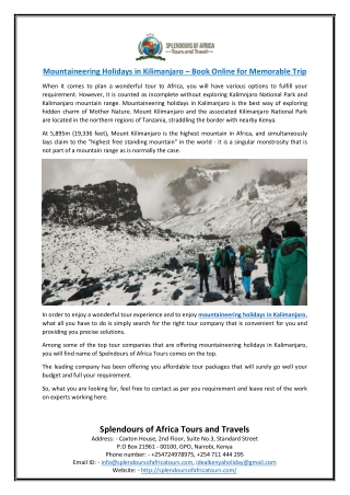 Mountaineering Holidays in Kilimanjaro – Book Online for Memorable Trip
