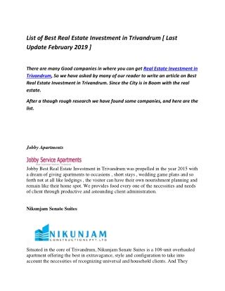 List of Best Real Estate Investment in Trivandrum [ Last Update February 2019 ]