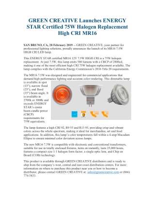 GREEN CREATIVE Launches ENERGY STAR Certified 75W Halogen Replacement High CRI MR16