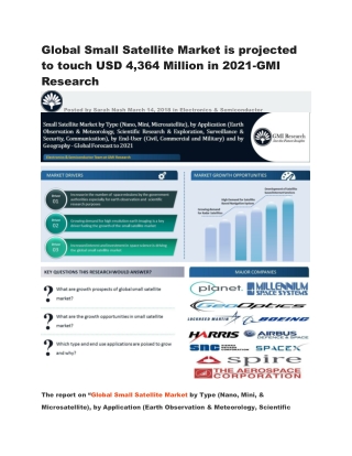 Global Small Satellite Market is projected to touch USD 4,364 Million in 2021-GMI Research