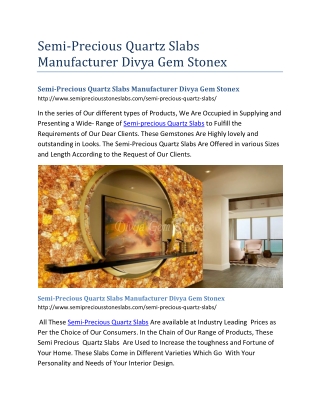 Semi-Precious Quartz Slabs Manufacturer Divya Gem Stonex