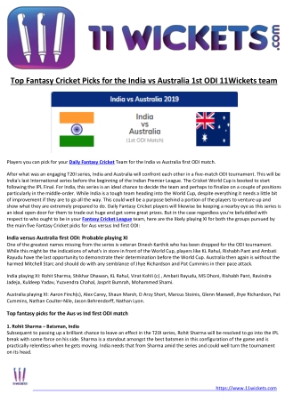 Top Fantasy Cricket Picks for the India vs Australia 1st ODI 11Wickets team