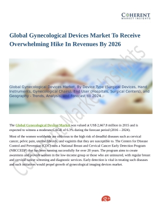 Global Gynecological Devices Market Value Projected to Expand by 2018-2026