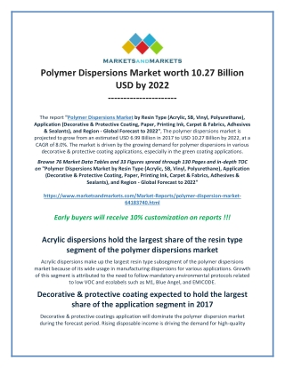 Polymer Dispersions Market by Resin Type, Application and Region - Global Forecast to 2022