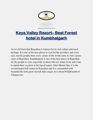 Keya Valley Resort– Best Forest hotel in Kumbhalgarh