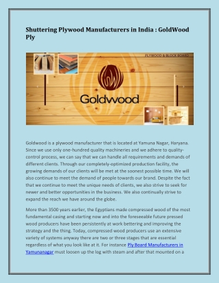 Shuttering Plywood Manufacturers in India : GoldWood Ply