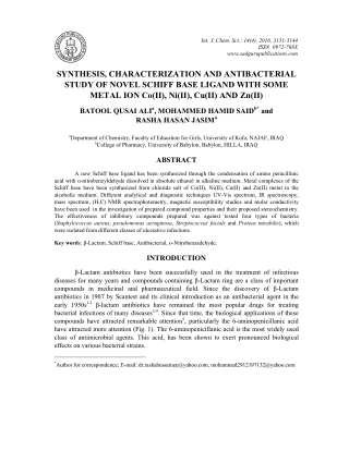 Synthesis, Characterization and Antibacterial Study of Novel Schiff Base Ligand with Some Metal Ion Co(Ii), Ni(Ii), Cu(I