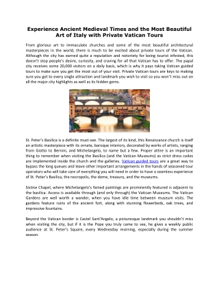 Experience Ancient Medieval Times and the Most Beautiful Art of Italy with Private Vatican Tours