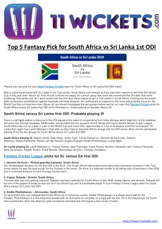 Top 5 Fantasy Pick for South Africa vs Sri Lanka 1st ODI