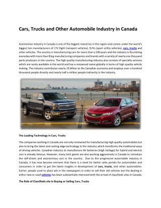 Cars, Trucks and Other Automobile Industry in Canada