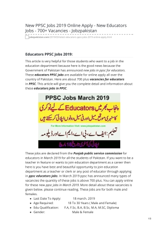 New PPSC Jobs 2019 Online Apply - New Educators Jobs - 700 Vacancies - Jobzpakistan