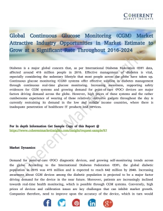 Global Continuous Glucose Monitoring (CGM) Market By Application, and By Geography - Trends and Forecast to 2024